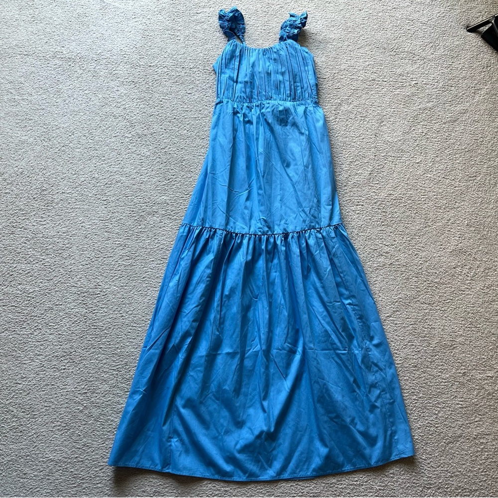 Abercrombie & Fitch A&F Poplin Bow Open Back Maxi Long Tiered Dress Blue Medium